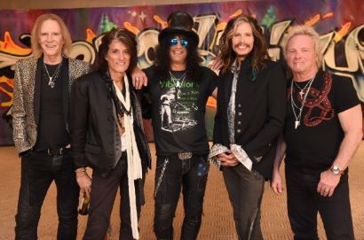 WEST HOLLYWOOD, CA - APRIL 08: (L-R) Joe Perry, Tom Hamilton, Slash, Steven Tyler and Joey Kramer attend Aerosmith's summer "Let Rock Rule" tour launch at Whisky a Go Go on April 8, 2014 in West Hollywood, California. (Photo by Jeff Kravitz/FilmMagic)